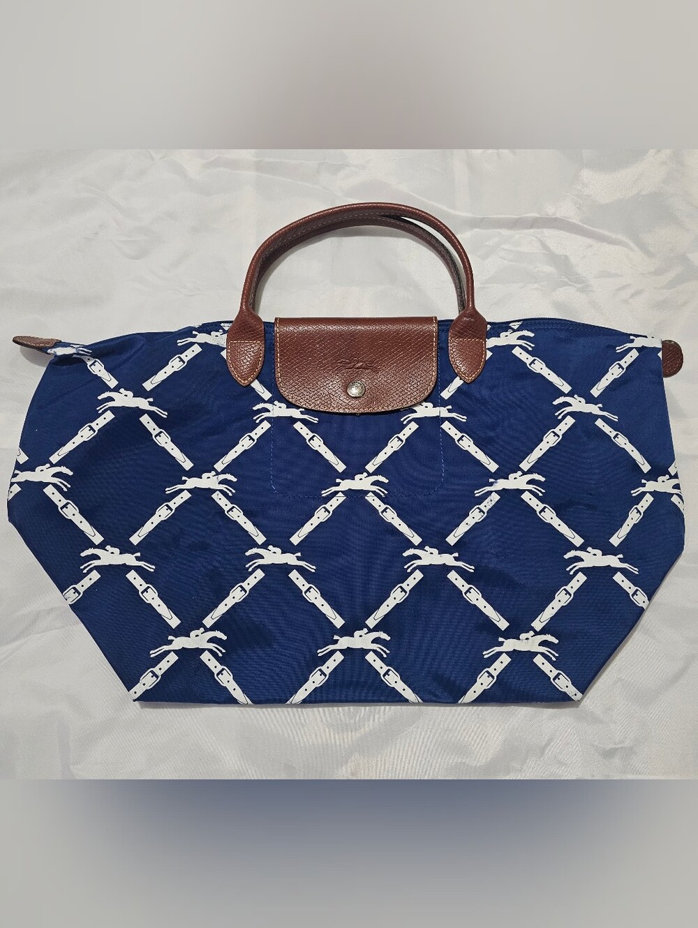 Longchamp Le Pliage Signature  Print Nylon Tote With Brown Leather Trim